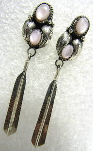 MOP EARRINGS STERLING SILVER 2.5" LONG FEATHER: HALLMARKED LIKE MOUNTAINS OR MM & STERLING. VINTAGE ESTATE NATIVE AMERICAN SOUTHWEST ZUNI OR NAVAJO INDIAN JEWELRY. MEASURE 13MM BY 65MM LONG. WEIGHS 6.2 GRAMS. EXCELLENT USED CONDITION. 