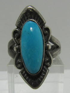 GENUINE TURQUOISE RING STERLING SILVER SIZE 6: SLEEPING BEAUTY TURQUOISE RING MARKED "STERLING" VINTAGE ESTATE NATIVE AMERICAN SOUTHWEST NAVAJO INDIAN JEWELRY. TOP MEASURES 26MM BY 12MM. WEIGHS 5.7GRAMS. SIZE 6. EXCELLENT USED