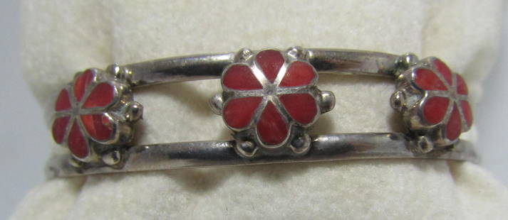 INLAY CORAL CUFF BRACELET STERLING SILVER: SIGNED "LT ZUNI" BRACELET UNMARKED TESTED STERLING SILVER INLAID RED CORAL CUFF UNSIGNED; TESTED STERLING. VINTAGE ESTATE NATIVE AMERICAN SOUTHWEST ZUNI INDIAN JEWELRY. FITS 7 INCH WRIST