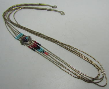INLAY TURQUOISE LAPIS MALACHITE NECLACE STERLING: INLAID WITH TURQUOISE, LAPIS, MALACHITE CORAL AND OTHERS. MARKED "STERLING". VINTAGE ESTATE NATIVE AMERICAN SOUTHWEST INDIAN JEWELRY. 5 STRAND LIQUID SILVER CHAIN MEASURES 24" LONG INCLUDING