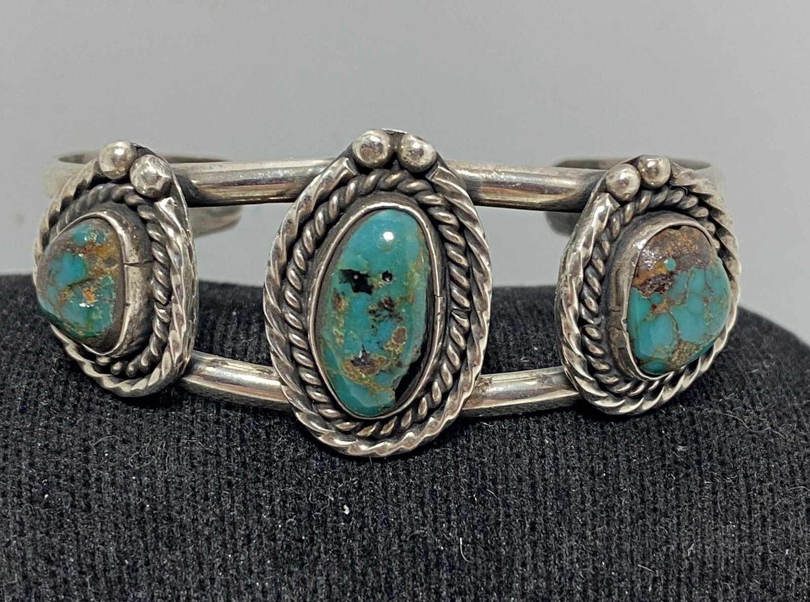 SMALL TURQUOISE STERLING THREE STONE CUFF BRACELET (1 of 4)