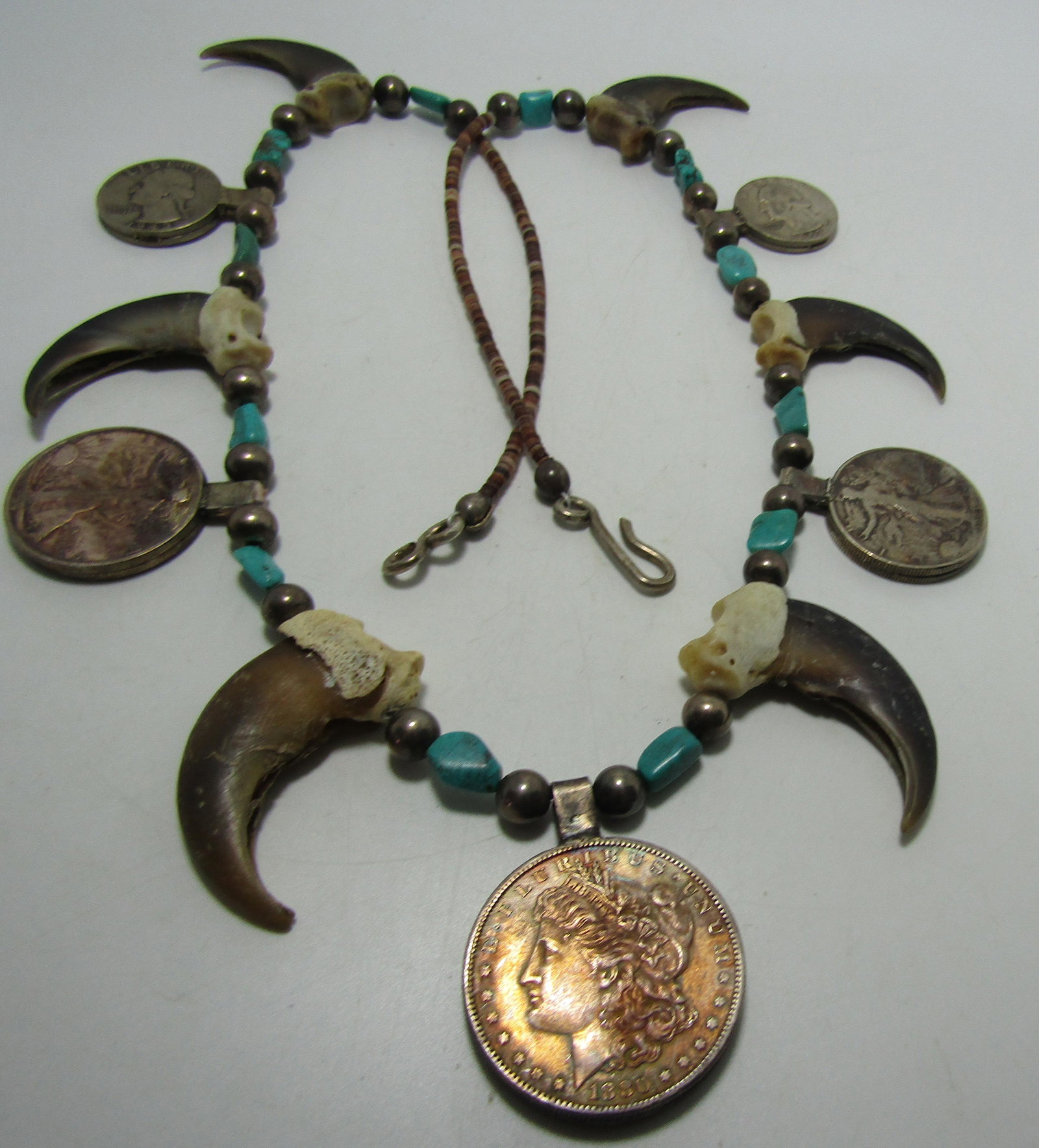 TURQUOISE BEAR CLAW COIN NECKLACE STERLING SILVER (1 of 4)