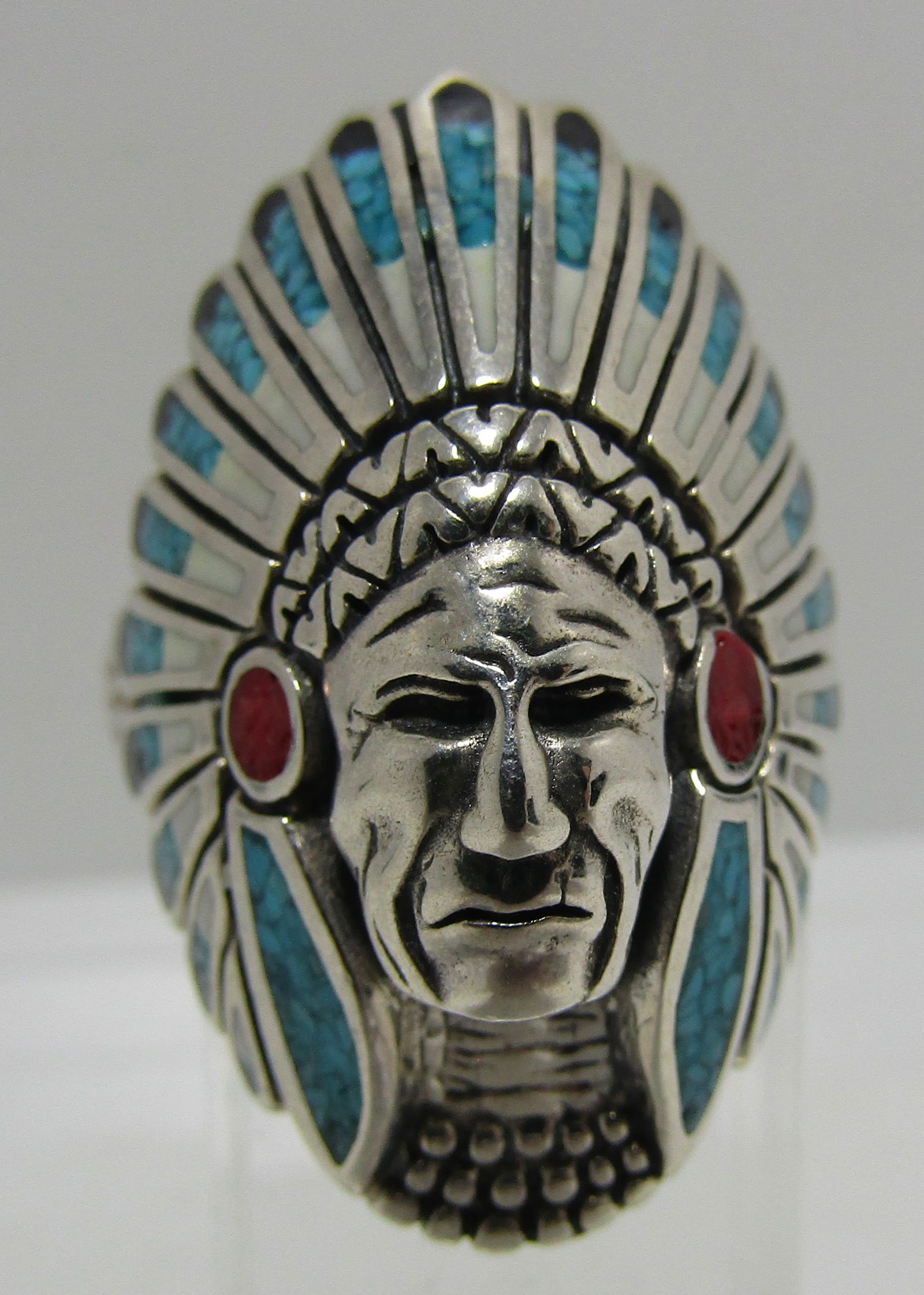 INDIAN CHIEF RING STERLING SILVER SIZE 11 TURQUOIS (1 of 6)