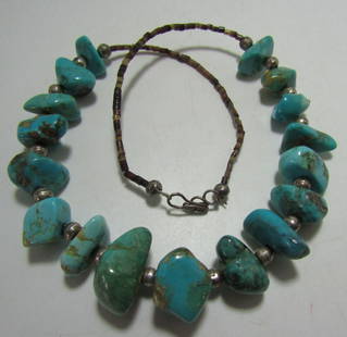 GEM TURQUOISE HEISHI STERLING SILVER BEAD NECKLACE: EARLY VINTAGE ESTATE NATIVE AMERICAN SOUTHWEST NAVAJO INDIAN JEWELRY WITH 17 TURQUOISE STONES. MEASURES 17.5" LONG. WEIGHS 44.3 GRAMS. EXCELLENT USED CONDITION. USA SHIPPING $5.