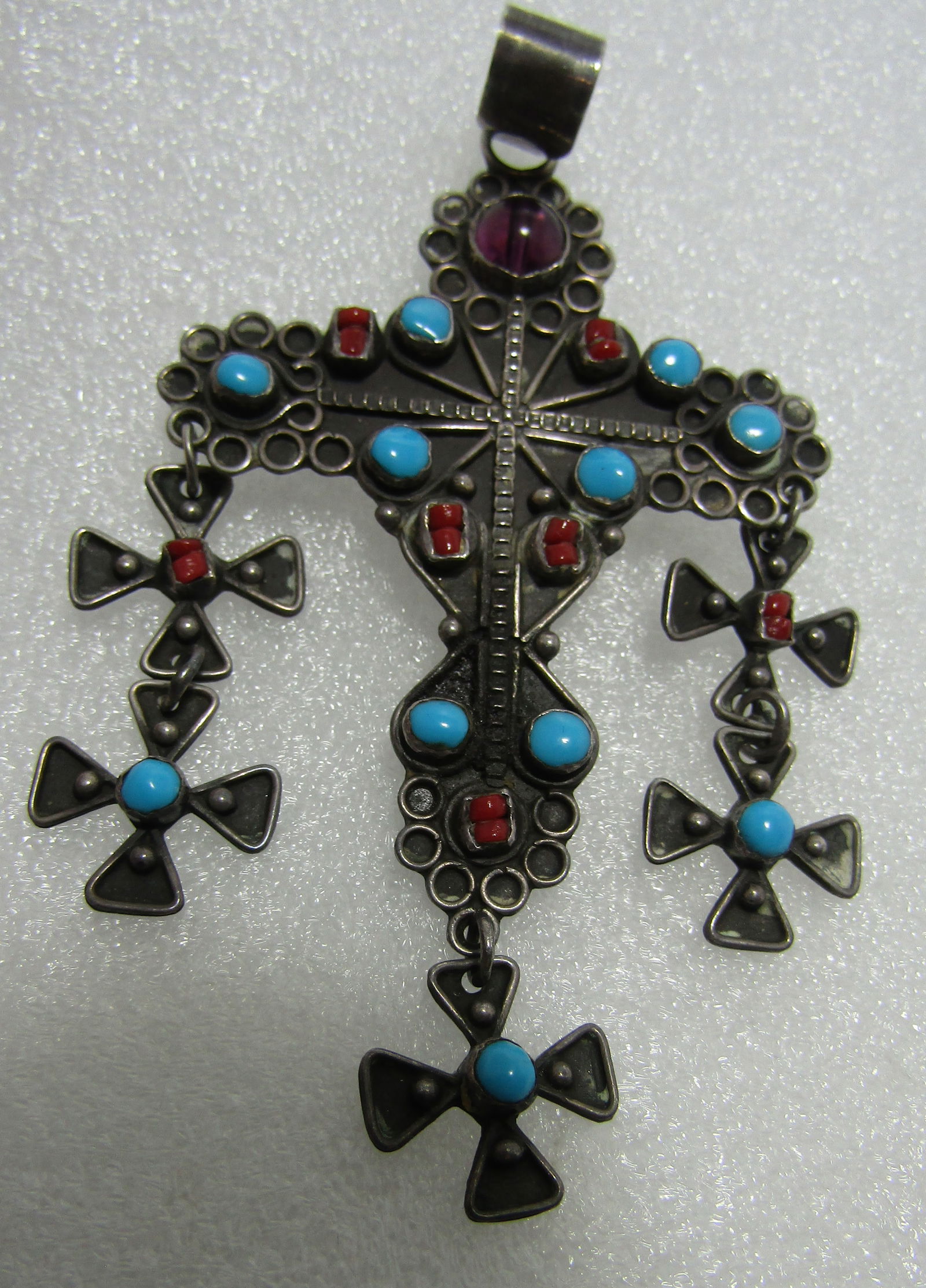 TAXCO MEXICO TURQUOISE CORAL STERLING SILVER CROSS (1 of 3)