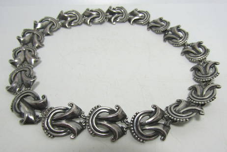 MARGOT DE TAXCO NECKLACE STERLING SILVER MEXICO: MIDCENTURY NECKLACE MARKED "MARGOT DE TAXCO 5306 STERLING MADE IN MEXICO". 15.5 INCHES LONG FINE STERLING SILVER 18MM NECKLACE. WEIGHS 58.4 GRAMS. EXCELLENT USED CONDITION. USA SHIPPING $5.