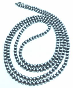 60" LONG STERLING 6MM NAVAJO PEARL BEAD NECKLACE: GORGEOUS OPERA LENGTH BEADED NAVAJO PEARL NATIVE AMERICAN NECKLACE. UNMARKED UNSIGNED TESTED STERLING SILVER. 60" TOTAL LENGTH AND BEADS ARE 6MM. WEIGHS 58.5 GRAMS. USA SHIPPING $5.