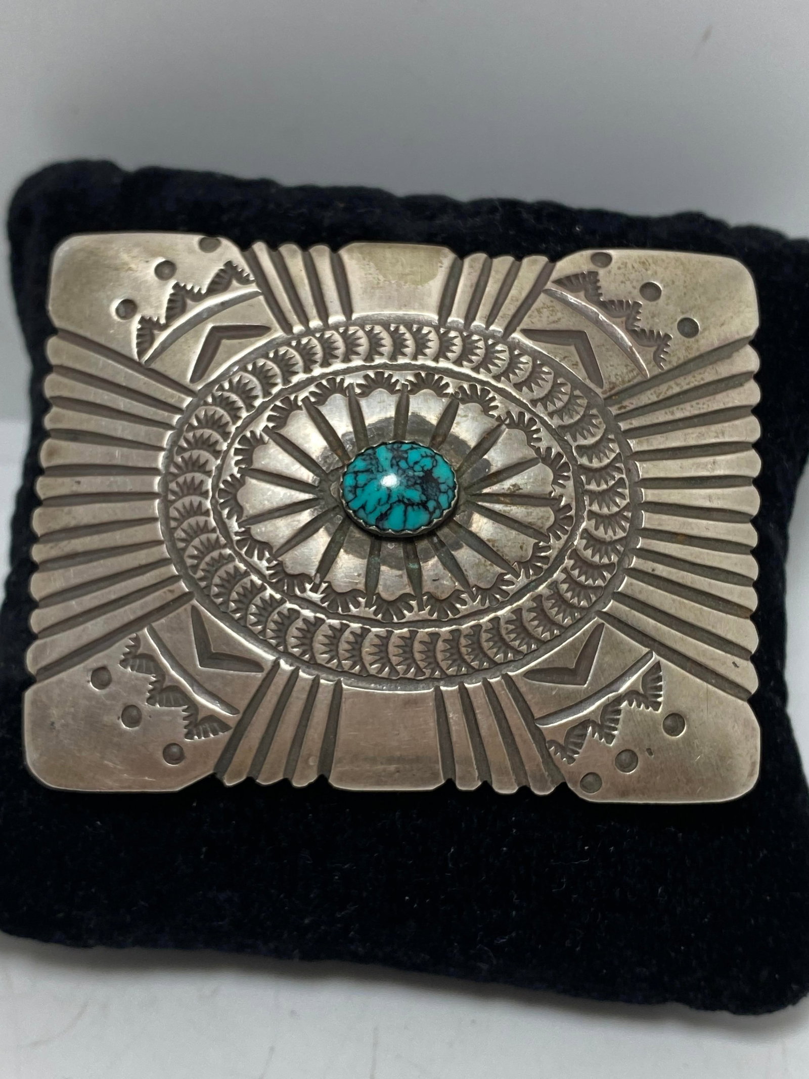 54 GRAM STERLING NAVAJO TURQUOISE BELT BUCKLE: NATIVE AMERICAN PIECE MARKED "STERLING" TESTED STERLING SILVER. LIKELY BLOCK TURQUOISE BUT GOOD MATRIX. WEIGHS 54 GRAMS. MEASURES 2-1/2" X 2". FITS UP TO 1-3/8" LEATHER. USA SHIPPING $5.