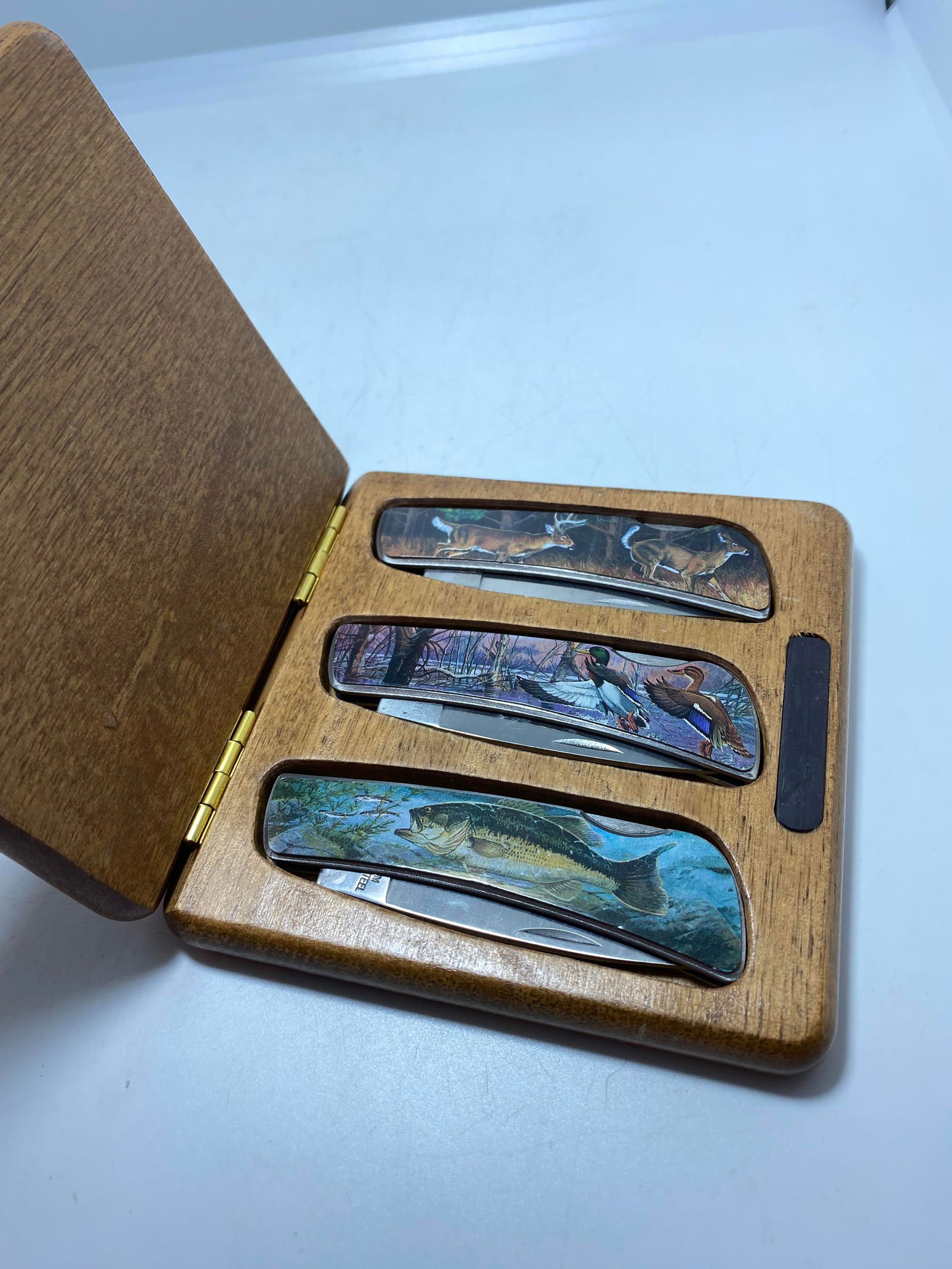 THREE HUNTING FISHING POCKET KNIVES WOOD CASE (1 of 5)