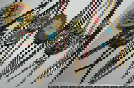 10 BOLO TIE NECKLACES LOT COLLECTION: VINTAGE ESTATE COLLECTION OF TEN ASSORTED NATIVE AMERICAN AND WESTERN DESIGN BOLO TIE NECKLACES. EXCELLENT COLLECTION. USA SHIPPING $5.