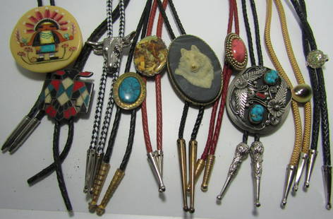 10 BOLO TIE NECKLACES LOT COLLECTION: VINTAGE ESTATE COLLECTION OF TEN ASSORTED NATIVE AMERICAN AND WESTERN DESIGN BOLO TIE NECKLACES. EXCELLENT COLLECTION. USA SHIPPING $5.