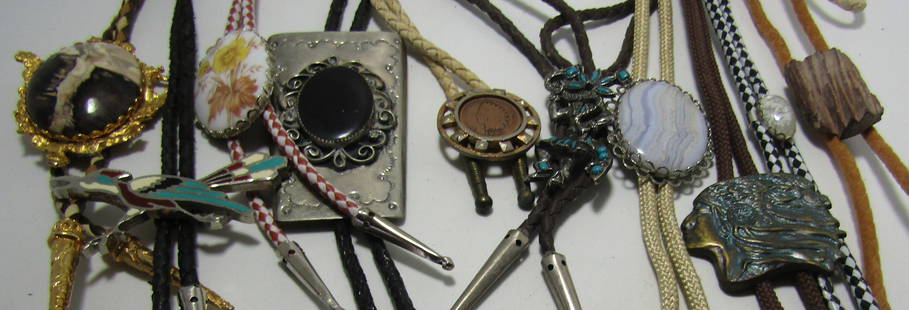 10 BOLO TIE NECKLACES LOT COLLECTION: VINTAGE ESTATE COLLECTION OF TEN ASSORTED NATIVE AMERICAN AND WESTERN DESIGN BOLO TIE NECKLACES. EXCELLENT COLLECTION. USA SHIPPING $5.