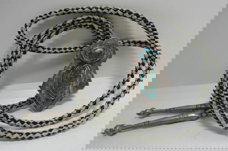 FRED HARVEY ERA TURQUOISE BOLO TIE STERLING SILVER: FABULOUS MORENCI TURQUOISE VINTAGE ESTATE NATIVE AMERICAN SOUTHWEST INDIAN NAVAJO JEWELRY. BRAIDED LEATHER NECKLACE MEASURES 37 INCES LONG. TESTED STERLING SILVER BOLO 54MM BY 35MM.. WEIGHS 24.3 GRAMS