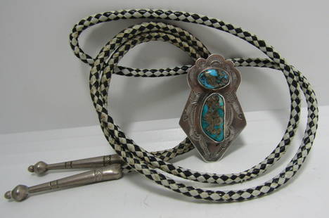 FRED HARVEY ERA TURQUOISE BOLO TIE STERLING SILVER: FABULOUS MORENCI TURQUOISE VINTAGE ESTATE NATIVE AMERICAN SOUTHWEST INDIAN NAVAJO JEWELRY. BRAIDED LEATHER NECKLACE MEASURES 37 INCES LONG. TESTED STERLING SILVER BOLO 54MM BY 35MM.. WEIGHS 24.3 GRAMS