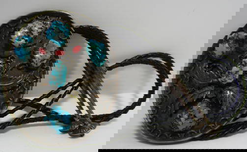 HUGE TURQUOISE CORAL BOLO TIE NECKLACE STERLING: OLD TURQUOISE & CORAL VINTAGE ESTATE NATIVE AMERICAN SOUTHWEST INDIAN NAVAJO JEWELRY. BRAIDED LEATHER NECKLACE MEASURES 38 INCES LONG. TESTED STERLING SILVER BOLO 78MM BY 68MM.. WEIGHS 76.2 GRAMS. EXC