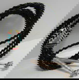 ZUNI INLAY BOLO TIE NECKLACE STERLING SILVER: INLAID TURQUOISE, MOTHER OF PEARL, CORAL, JET VINTAGE ESTATE NATIVE AMERICAN SOUTHWEST INDIAN JEWELRY. BRAIDED LEATHER MEASURES 45 INCES LONG. TESTED STERLING SILVER BOLO 32MM BY 20MM.. WEIGHS 26.6 GR