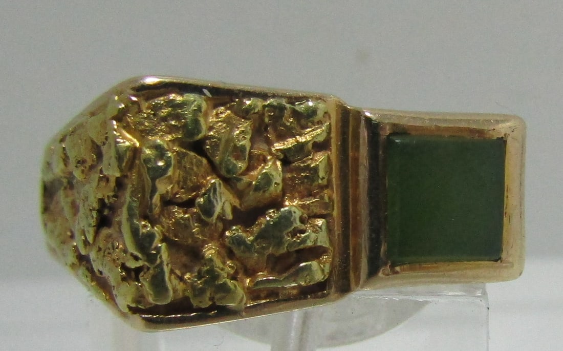 22K GOLD NUGGET RING "LJH" 10K JADE SIZE 9 1/2 (1 of 6)