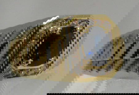 .75CT SAPPHIRE &.50CT DIAMOND RING ROLEX 14K GOLD: 7MM X 5.5MM BLUE SAPPHIRE AND 18 FULL CUT ROUND MODERN BRILLIANT CLEAN WHITE DIAMONDS. IN A ROLEX DESIGN RING. 14K YELLOW GOLD SIZE 10 1/2. 12MM WIDE. WEIGHS 7.8 GRAMS. EXCELLENT CONDITION. USA SHIPPI