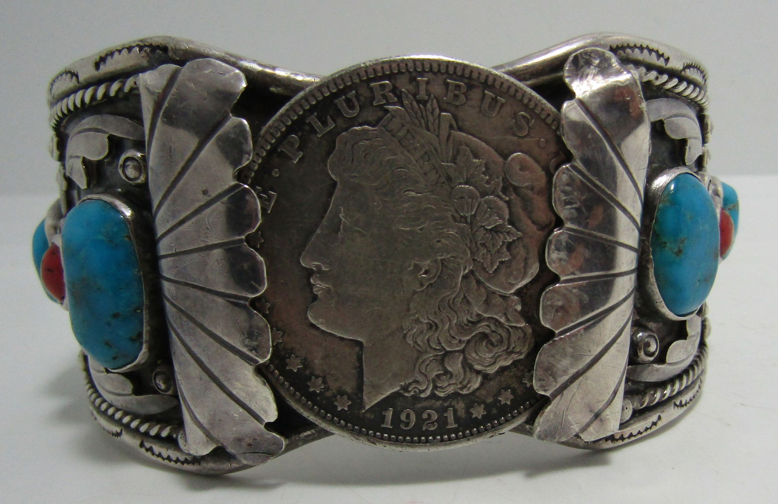 1921 DOLLAR TURQUOISE CORAL CUFF BRACELET STERLING (1 of 4)