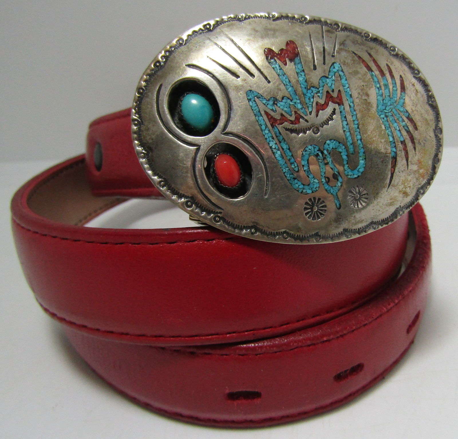 SINGER TURQUOISE BELT BUCKLE STERLING SILVER CORAL (1 of 4)