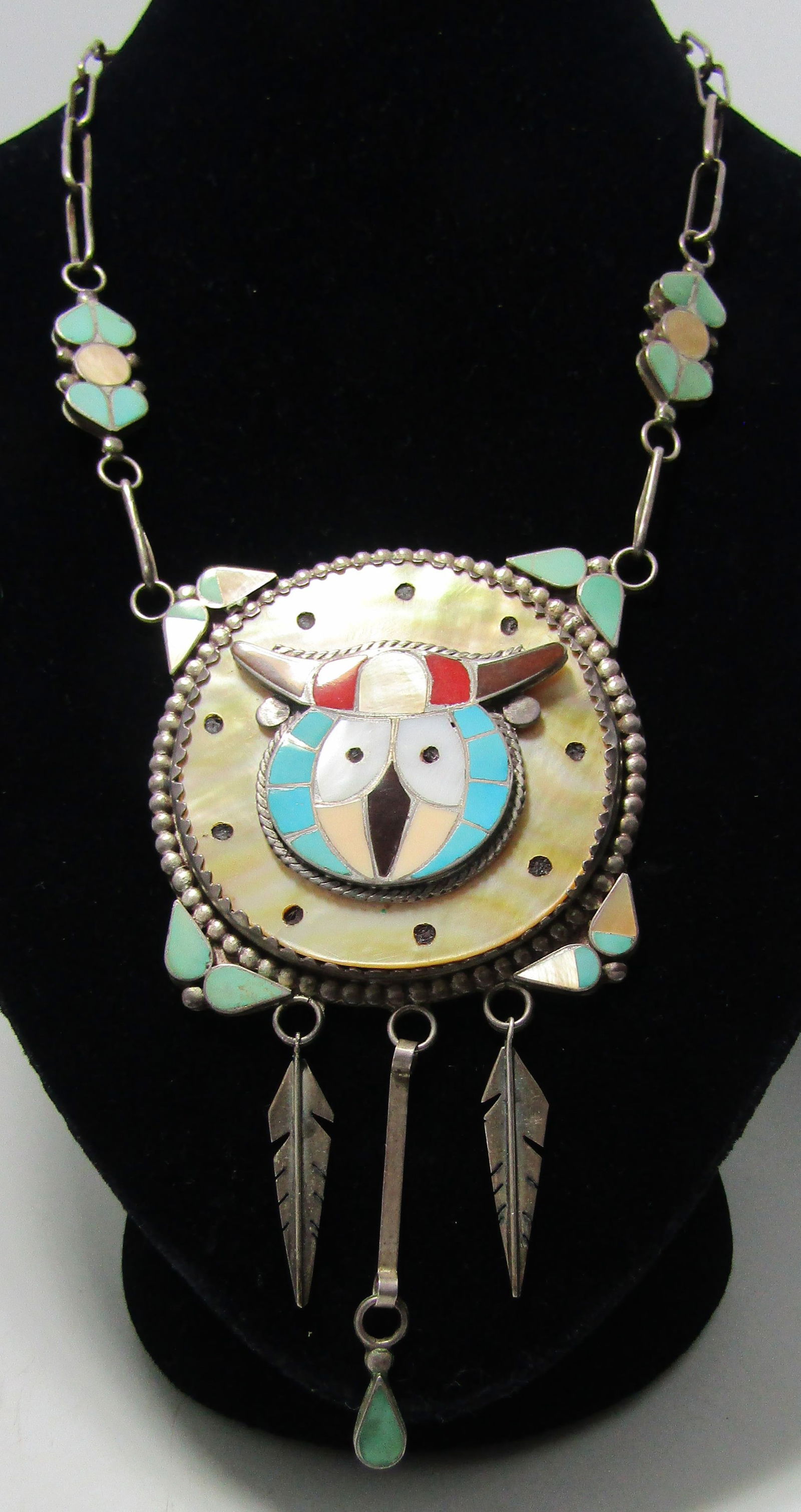 EARLY ZUNI OWL NECKLACE STERLING SILVER TURQUOISE (1 of 4)