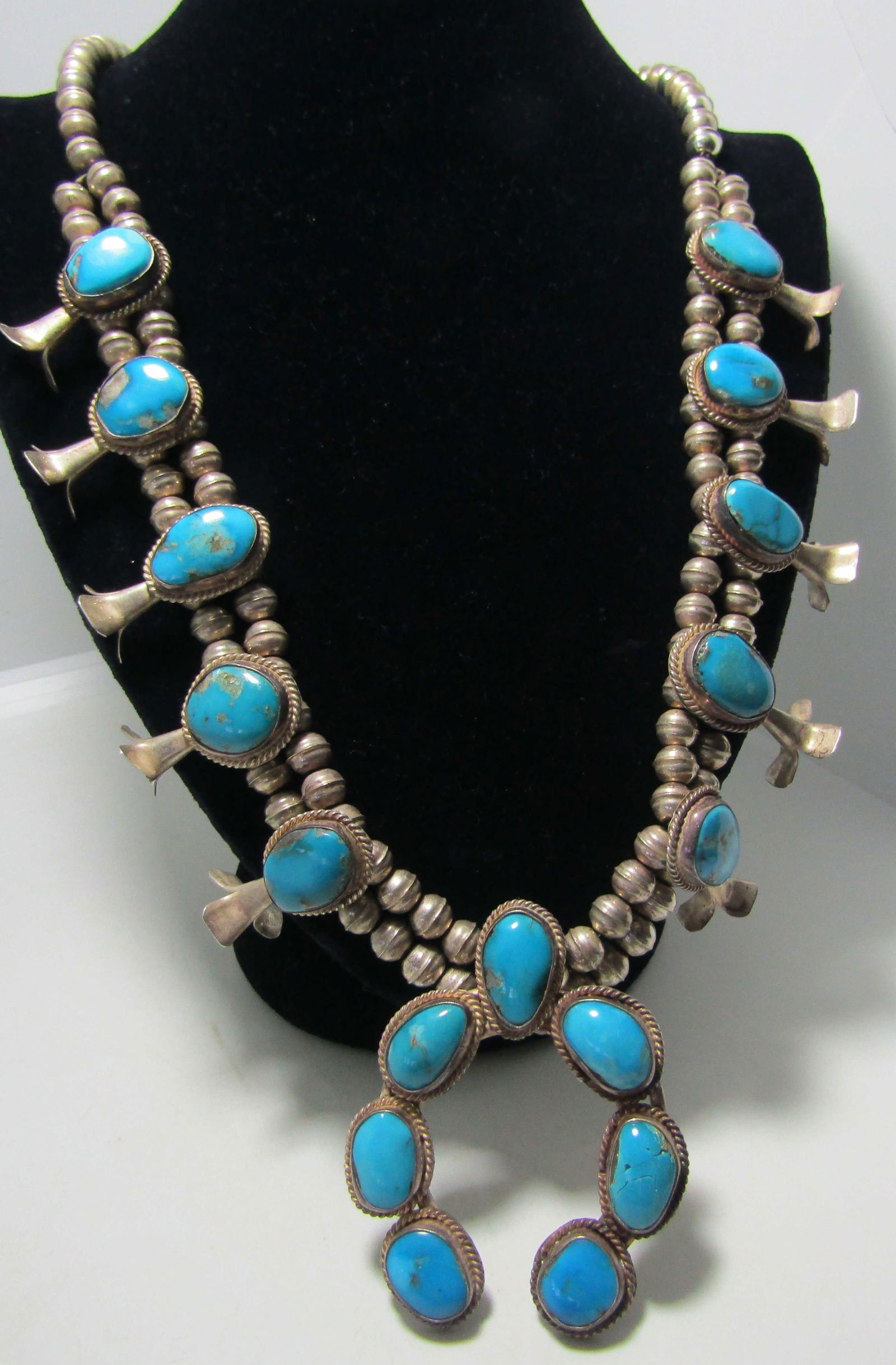 TURQUOISE SQUASH BLOSSOM STERLING SILVER NECKLACE (1 of 4)