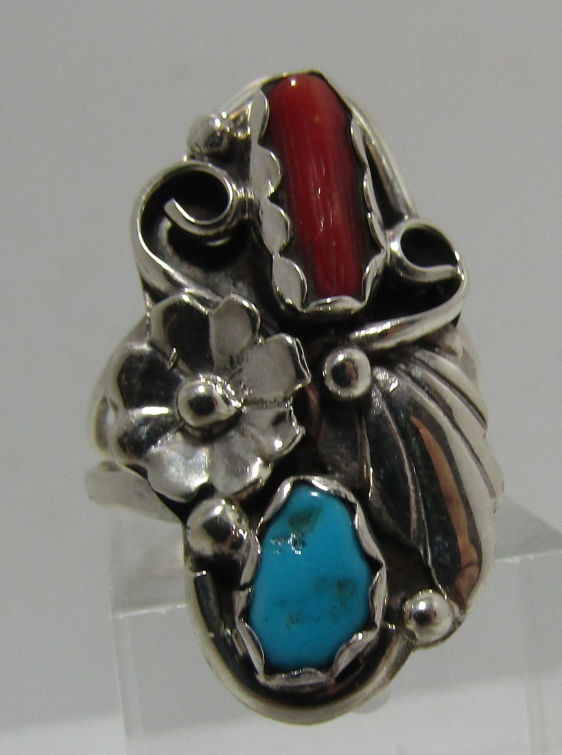 "M" TURQUOISE CORAL RING STERLING SILVER (1 of 3)