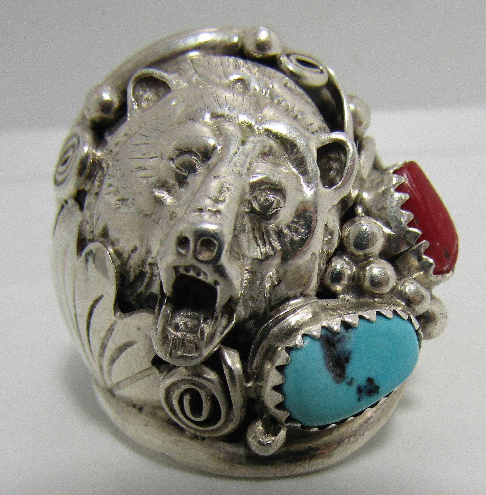 "RB" BEAR TURQUOISE CORAL RING STERLING SILVER (1 of 3)