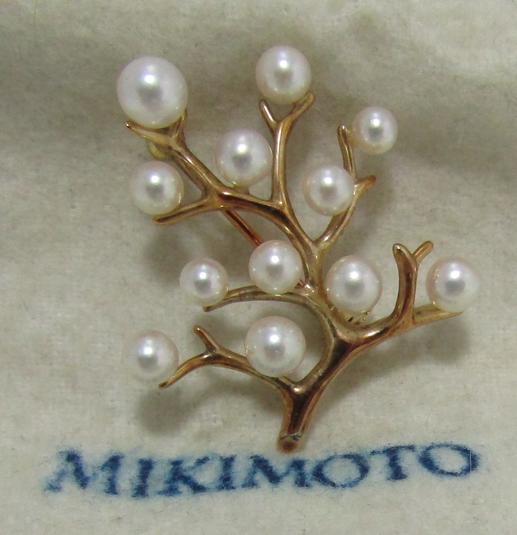 12 MIKIMOTO AKOYA PEARL PIN 14K GOLD BROOCH TREE (1 of 3)