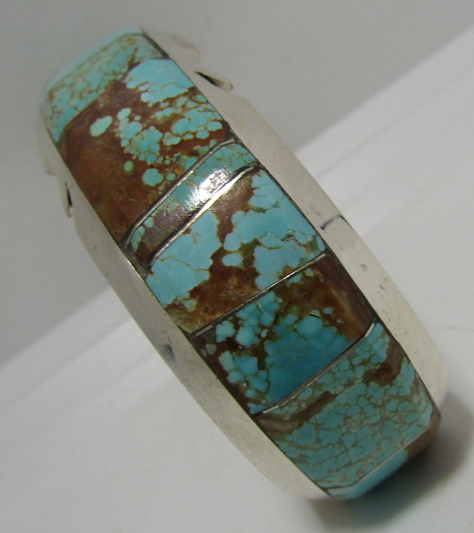 "SF" INLAY TURQUOISE CUFF BRACELET STERLING SILVER (1 of 8)