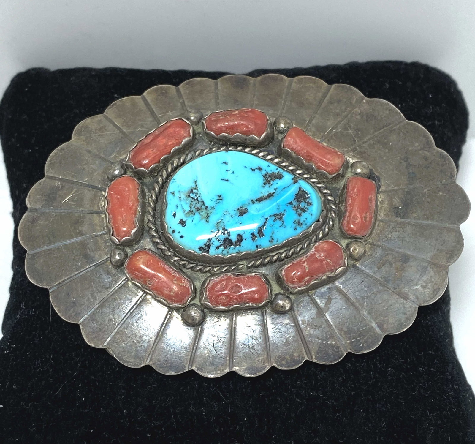 OLD PAWN RED CORAL STERLING TURQUOISE BELT BUCKLE: GORGEOUS 1970'S OR EARLIER VINTAGE NATIVE AMERICAN NAVAJO HANDMADE CLUSTER PIECE. SIGNED "STERLING M MTL" TESTED STERLING SILVER. WEIGHS 61.8. MEASURES 3" X 2". FITS 1.5" LEATHER. USA SHIPPING $5.