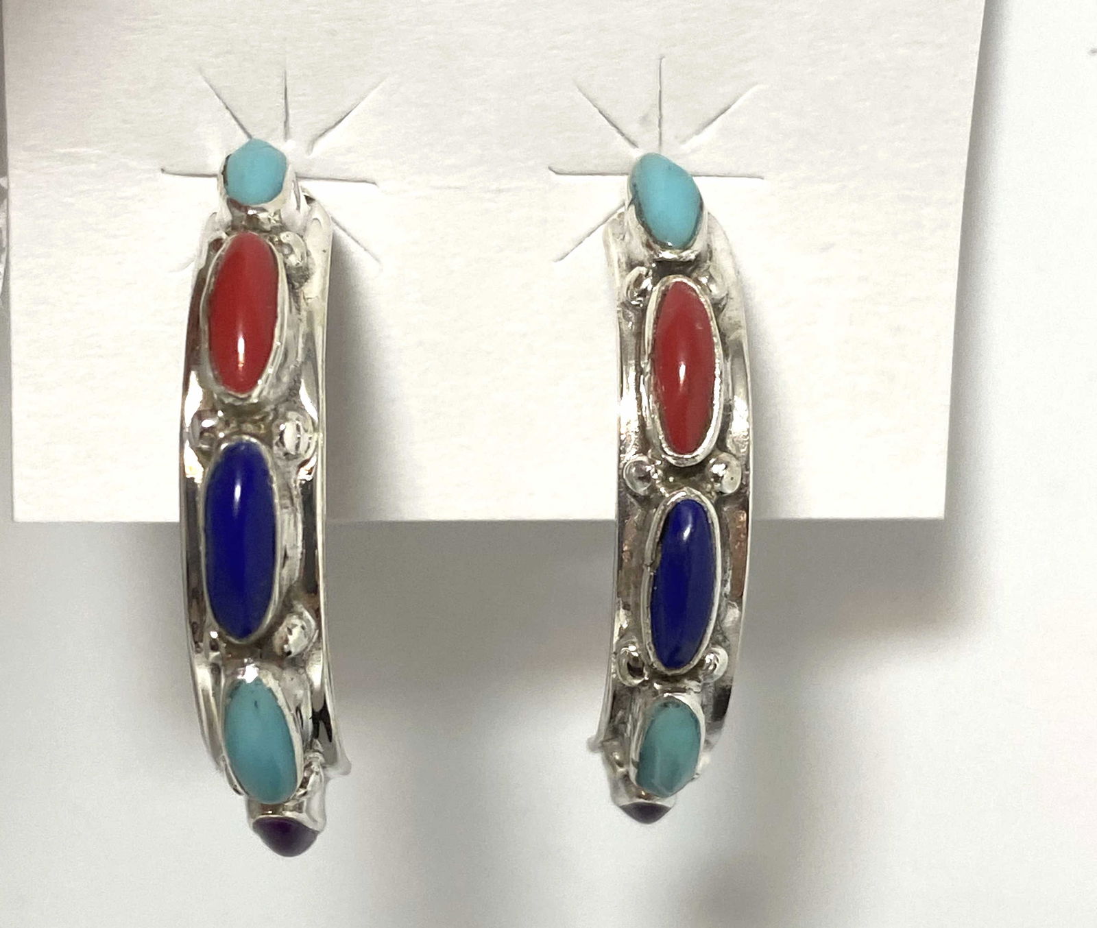 STERLING TURQUOISE CORAL LAPIS HALF HOOP EARRINGS (1 of 3)