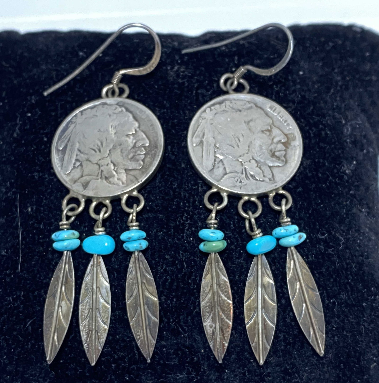 BUFFALO NICKEL STERLING TURQUOISE FEATHER EARRINGS (1 of 4)
