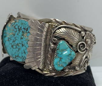 Sam Dean Vintage Native American Navajo Turquoise Sterling Silver Bracelet Signed Sam Dean Vintage Native American Navajo Turquoise Sterling Silver Bracelet Signed