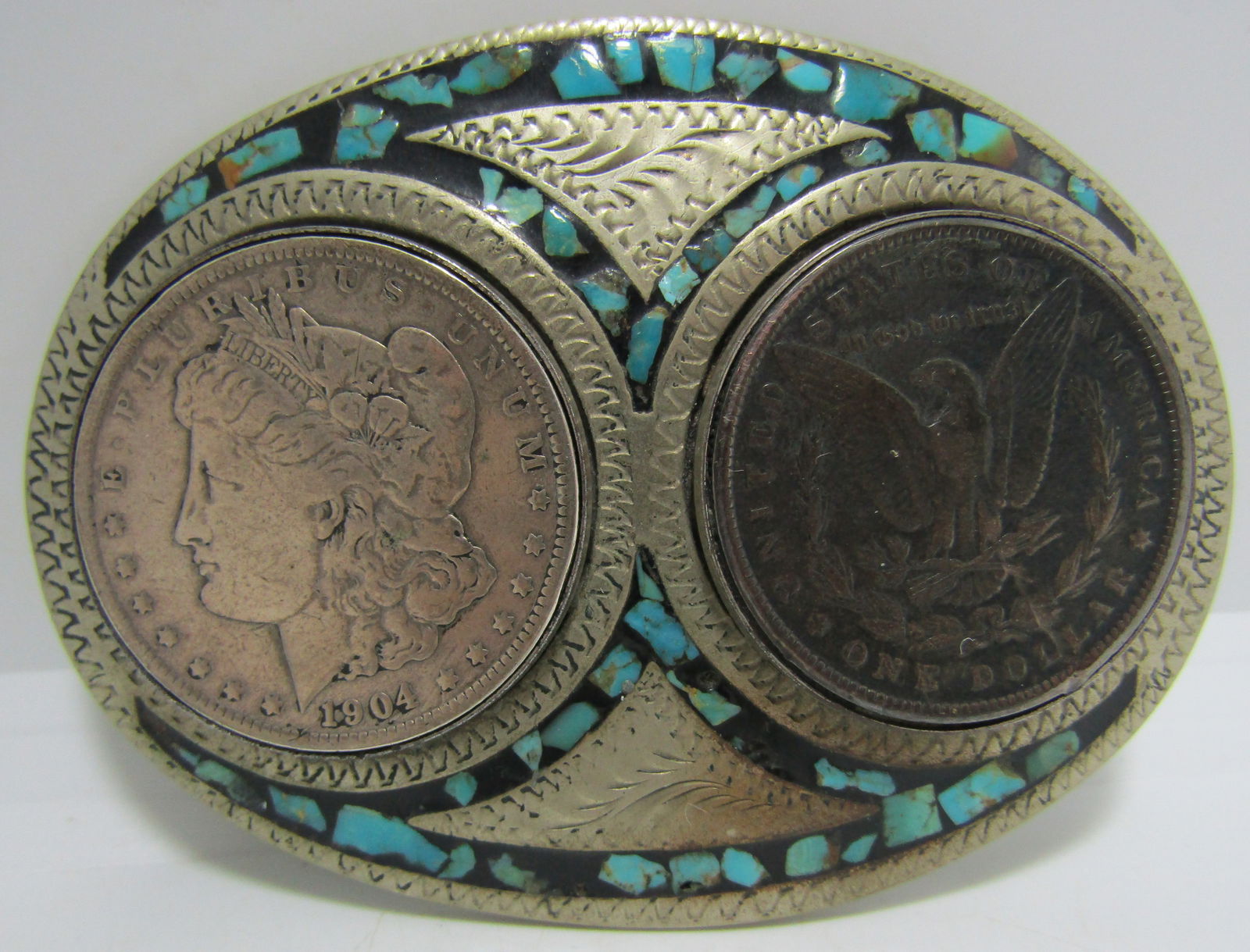 2 US SILVER DOLLAR COIN & TURQUOISE BELT BUCKLE (1 of 2)