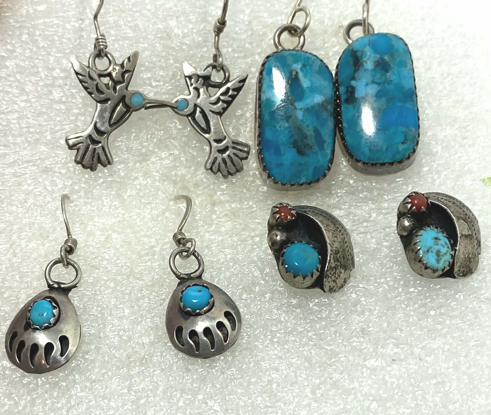 4 STERLING TURQUOISE EARRINGS BEAR PAW HUMMINGBIRD (1 of 7)