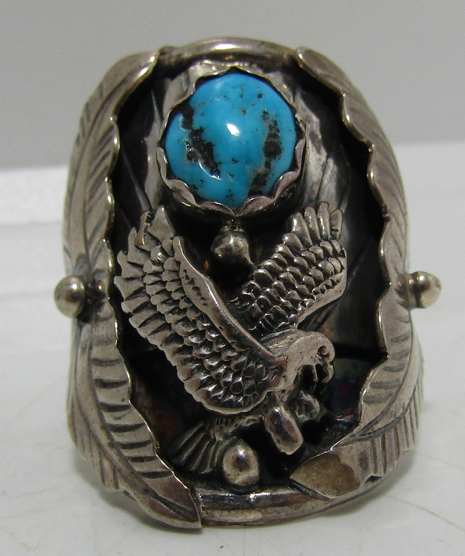 "M" TURQUOISE EAGLE RING STERLING SILVER SIZE 9 (1 of 4)