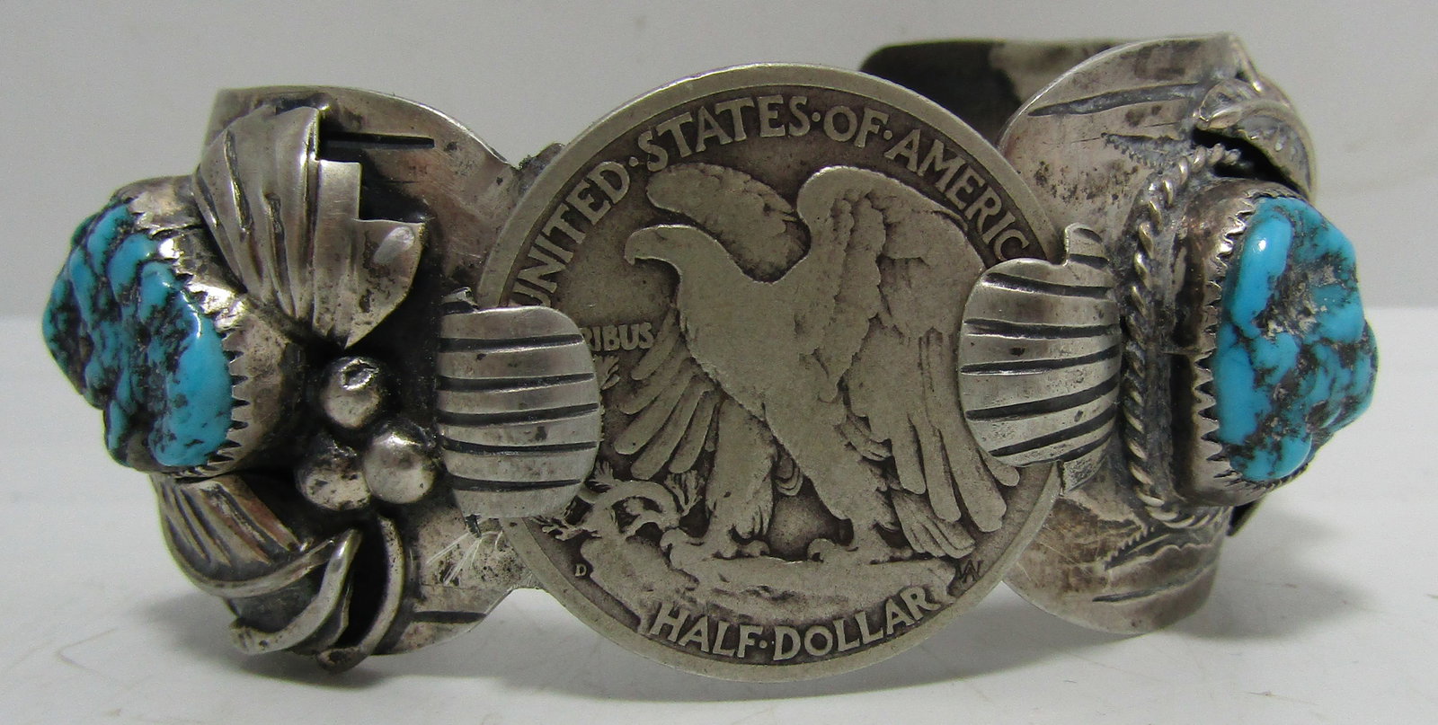 TURQUOISE CORAL COIN CUFF BRACELET STERLING SILVER (1 of 9)