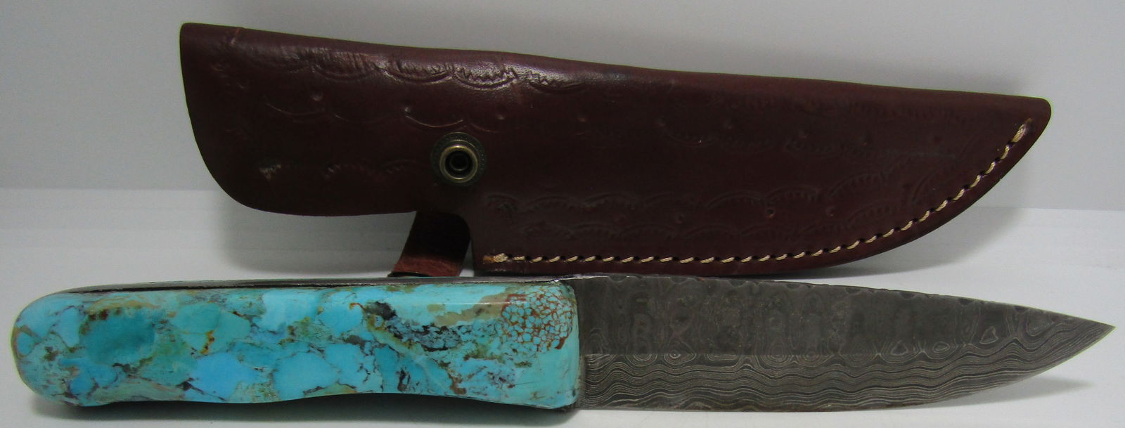 TURQUOISE DAMASCUS HUNTING KNIFE W SHEATH (1 of 7)
