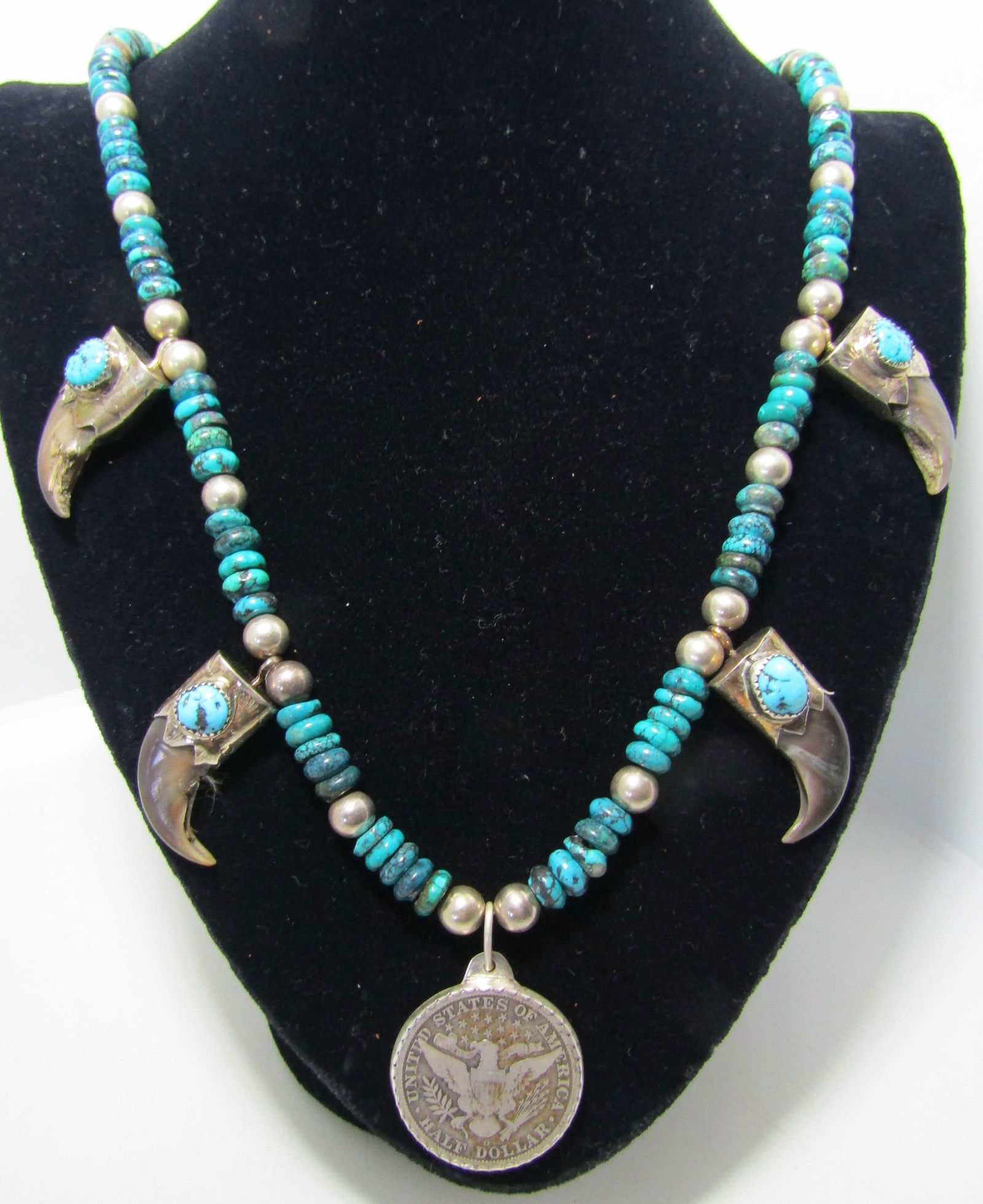 28" 4 BEAR CLAW TURQUOISE COIN NECKLACE STERLING (1 of 3)