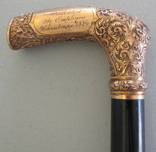 RFS & CO 1884 GOLD GRIP SIGNED CANE WALKING STICK: 34 INCH GOLD GRIP CANE. TO JOHN GARSIDE COHOES NY. PRESENTED BY EMPLOYESS CHRISTMAS 1884. 4 INCH GRIP ON 7/8" EBONY SHAFT. HALLMARK "RFS &CO" R. F. Simmons Company of Attleboro, Massachusetts. . EXCEL