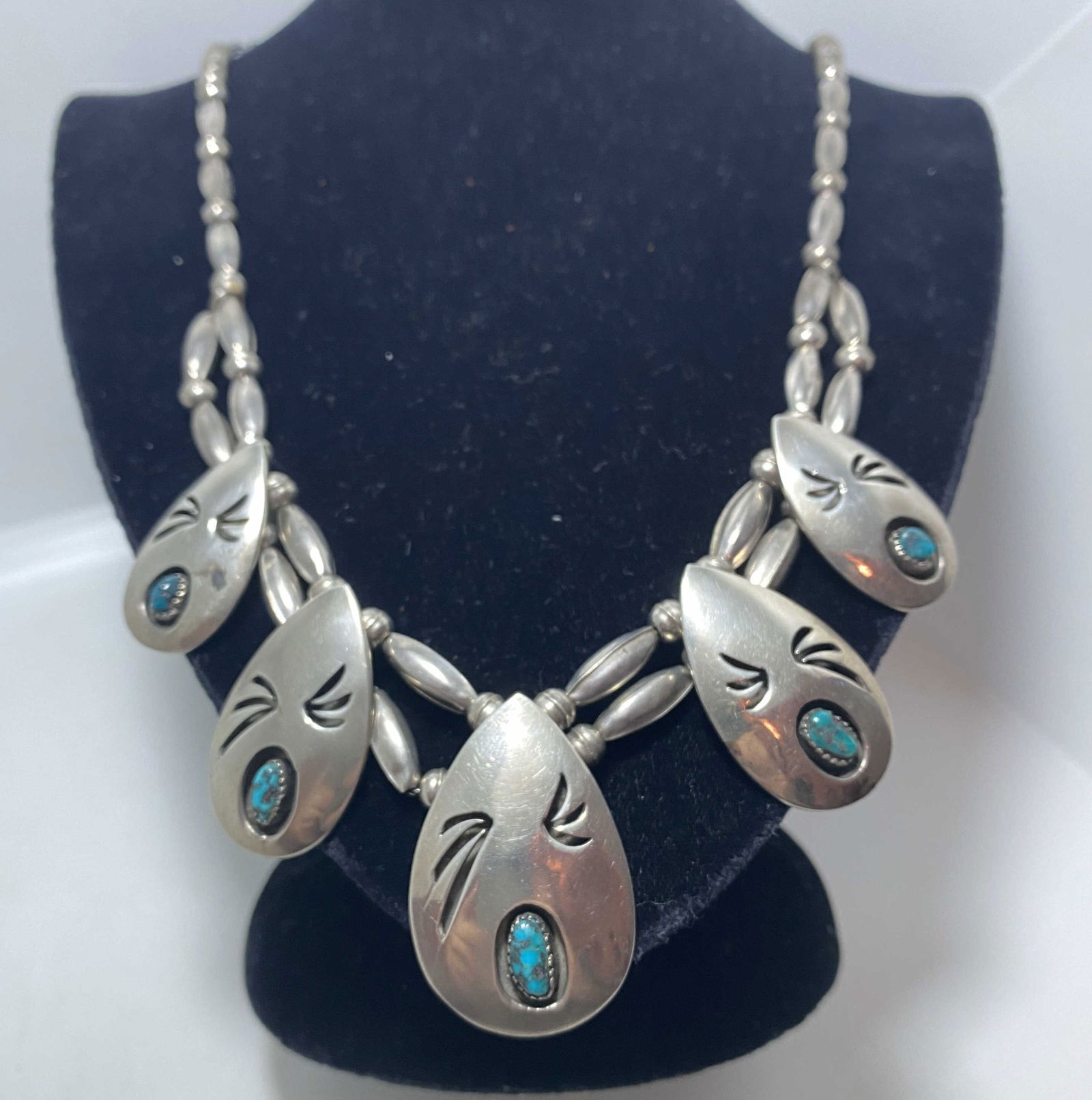 SIGNED NAVAJO STERLING TURQUOISE SQUASH BLOSSOM (1 of 6)
