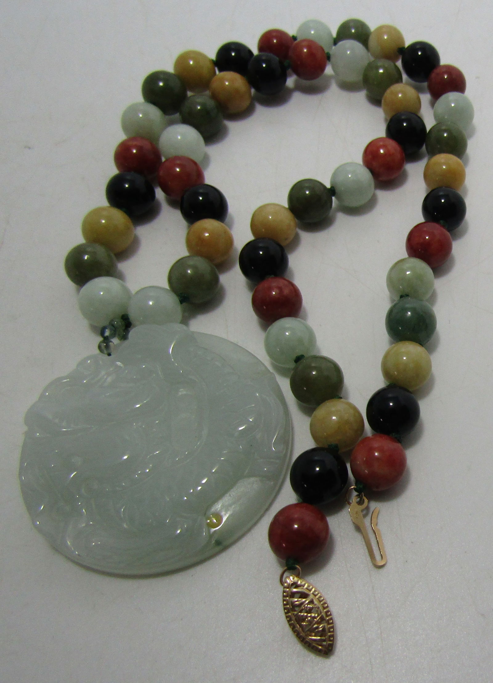 38MM CARVED JADE DRAGON 14K GOLD 8MM BEAD NECKLACE (1 of 5)