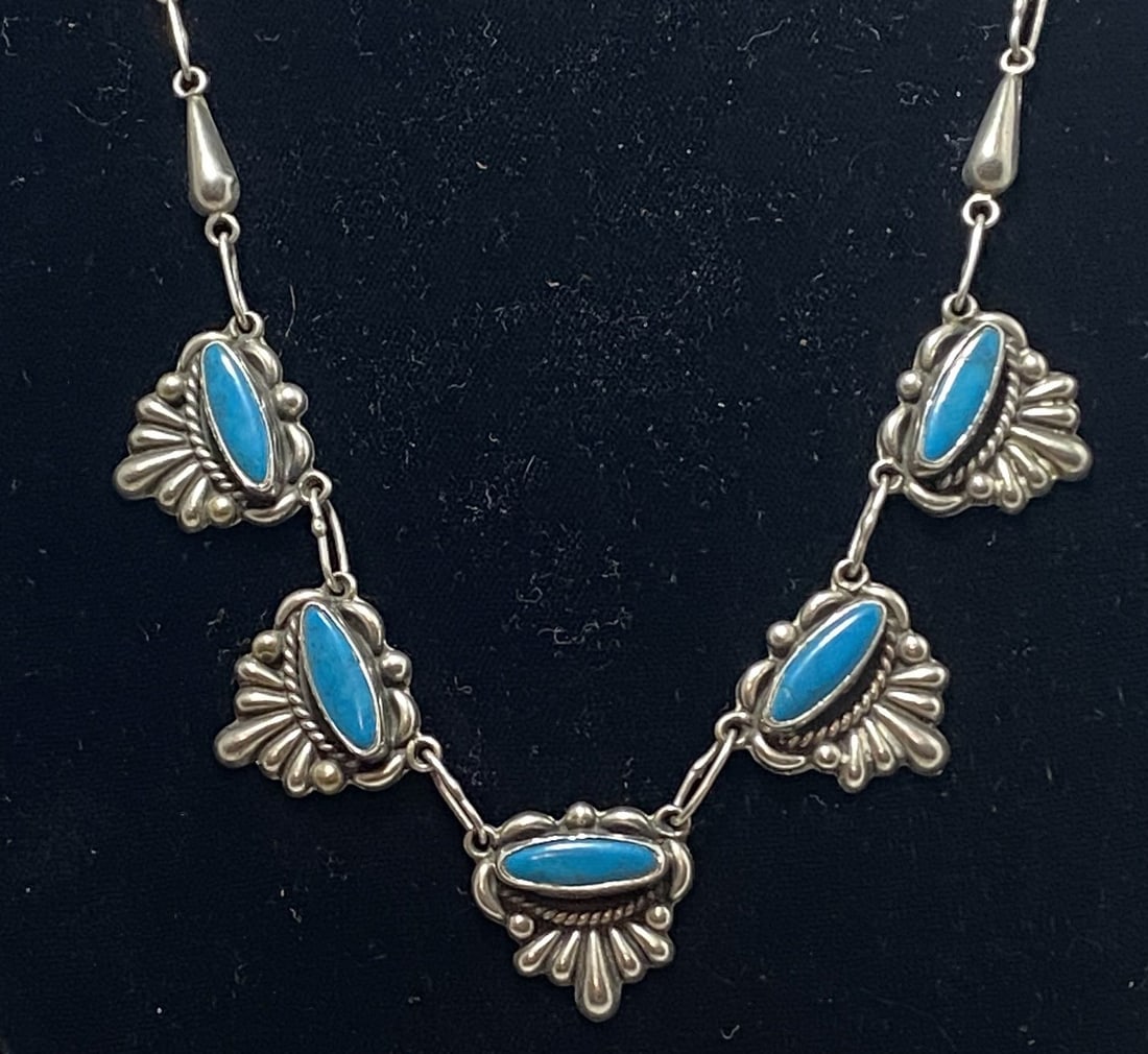 21" TAXCO STERLING TURQUOISE NECKLACE: UNIQUE TAXCO MEXICO PIECE SIGNED "925 GC78 MEXICO STERLING". TESTED STERLING SILVER. WEIGHS 26 GRAMS. TOTAL LENGTH 21". USA SHIPPING $5.