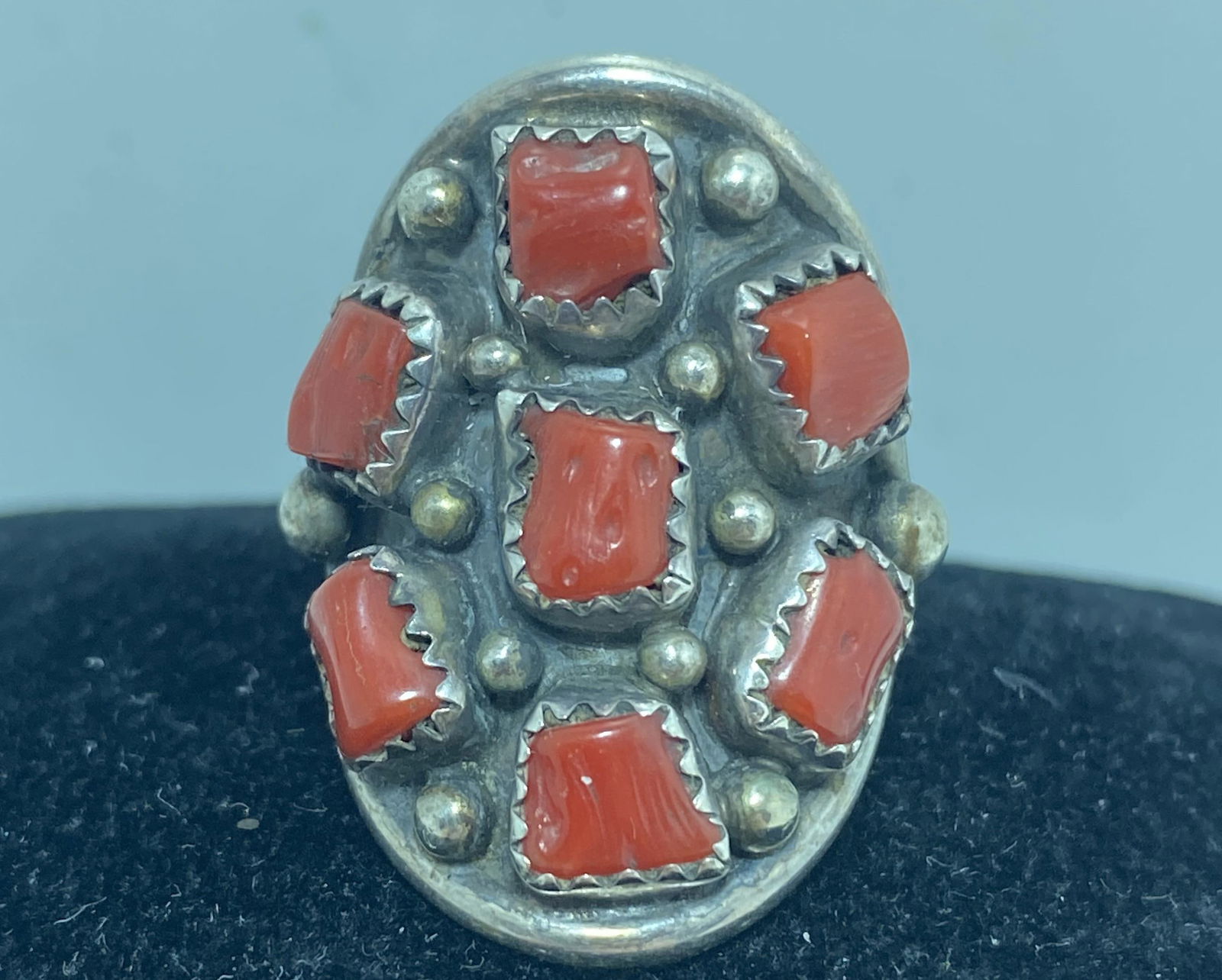 SIGNED STERLING NAVAJO RED CORAL CLUSTER RING (1 of 3)