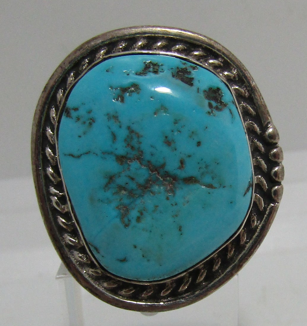 LARGE SIGNED "MM?" TURQUOISE RING STERLING SILVER (1 of 4)