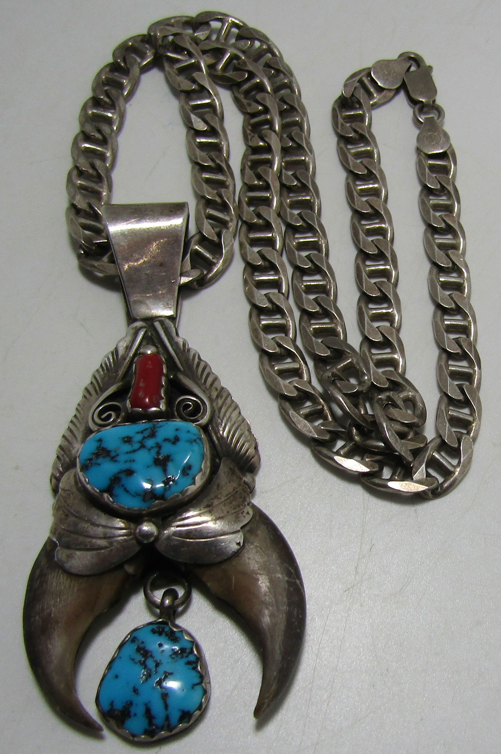 2 BEAR CLAW TURQUOISE CORAL NECKLACE STERLING SILV (1 of 3)