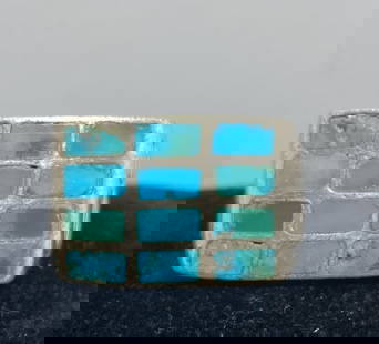 1980S ZUNI STERLING TURQUOISE PETIT POINT RING: VINTAGE 1980S NATIVE AMERICAN HANDMADE RING. RECTANGULAR CLUSTER IS 0.75" X 0.5". RING SIZE 8.5. UNMARKED UNSIGNED TESTED STERLING SILVER. WEIGHS 10.3 GRAMS. USA SHIPPING $5. NO INTERNATIONAL