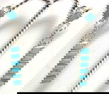 1.5" ZUNI STERLING TURQUOISE PETIT POINT EARRINGS: NEW OLD STOCK NATIVE AMERICAN HANDMADE ROW EARRINGS. UNMARKED UNSIGNED TESTED STERLING SILVER. TOTAL LENGTH WITH DANGLE 1.5". WEIGHS 3.7 GRAMS. USA SHIPPING $5. NO INTERNATIONAL SHIPPING OUTSIDE