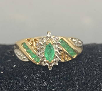 EMERALD DIAMOND CLUSTER 10K SOLID GOLD RING: MARKED CRP 10K. CLUSTER HEIGHT IS 10MM. RING SIZE 7. WEIGHS 2.6 GRAMS. USA SHIPPING $5. NO INTERNATIONAL SHIPPING OUTSIDE THE USA.
